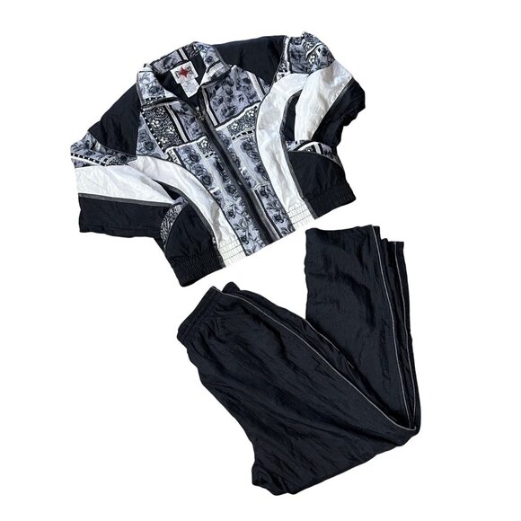 Active Frontier Pants - Vintage 90s Womens Wind Suit Petite Large Active Frontier Black White Jacket